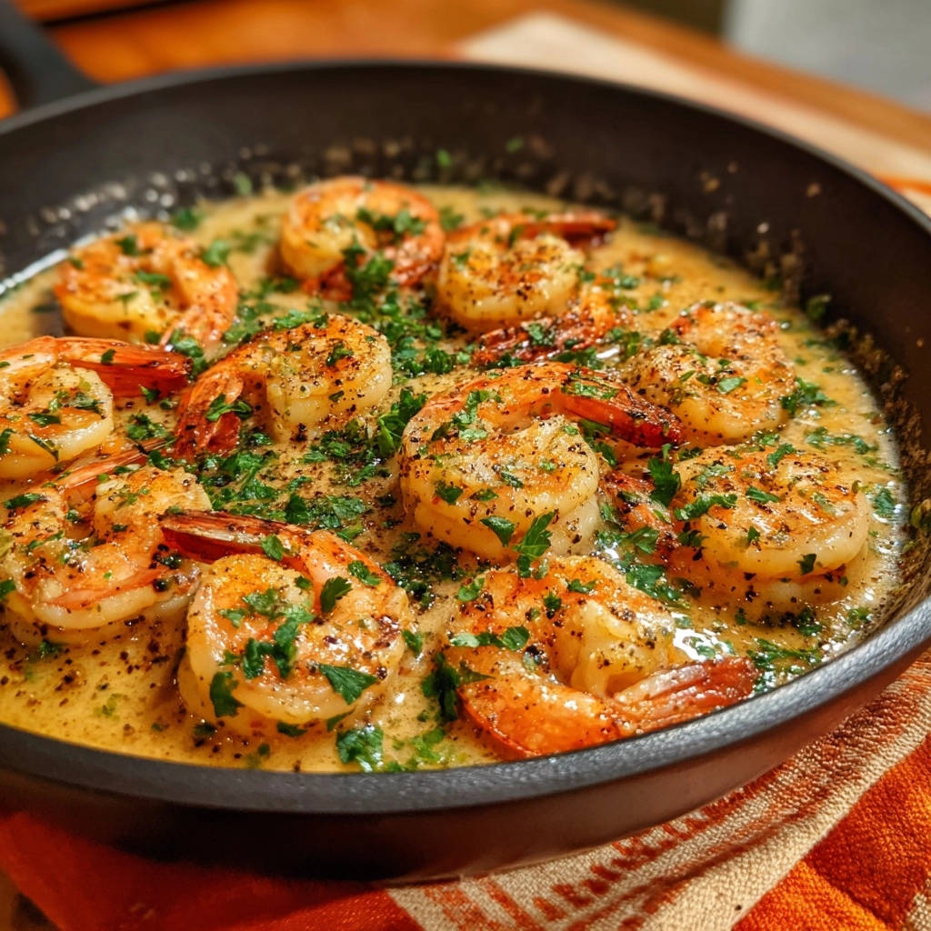 Knoblauch-Kräuter-Garnelen aus der Pfanne in einer cremigen Sauce, garniert mit frischer Petersilie, Nahaufnahme