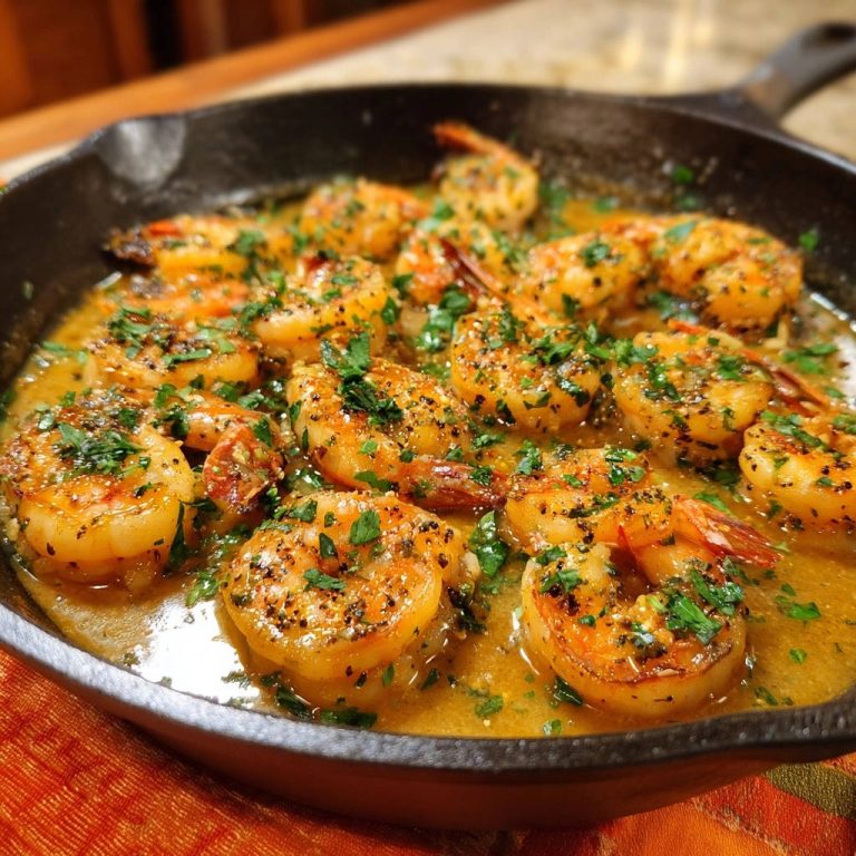 Knoblauch-Kräuter-Garnelen aus der Pfanne, nahaufnahme mit frischer Petersilie und Knoblauch in einer Gusseisenpfanne.