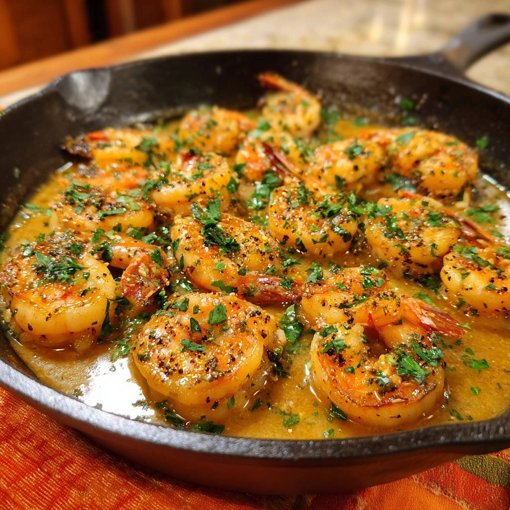 Knoblauch-Kräuter-Garnelen aus der Pfanne, nahaufnahme mit frischer Petersilie und Knoblauch in einer Gusseisenpfanne.