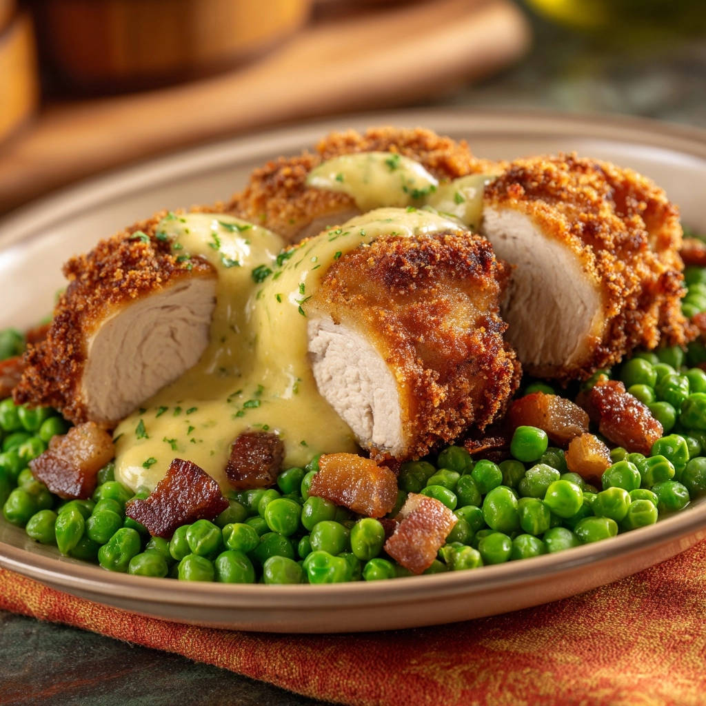 Knusprig gefüllte Hähnchenbrust angeschnitten serviert mit Erbsen und cremiger Sauce, ein saftiges Inneres enthüllend.