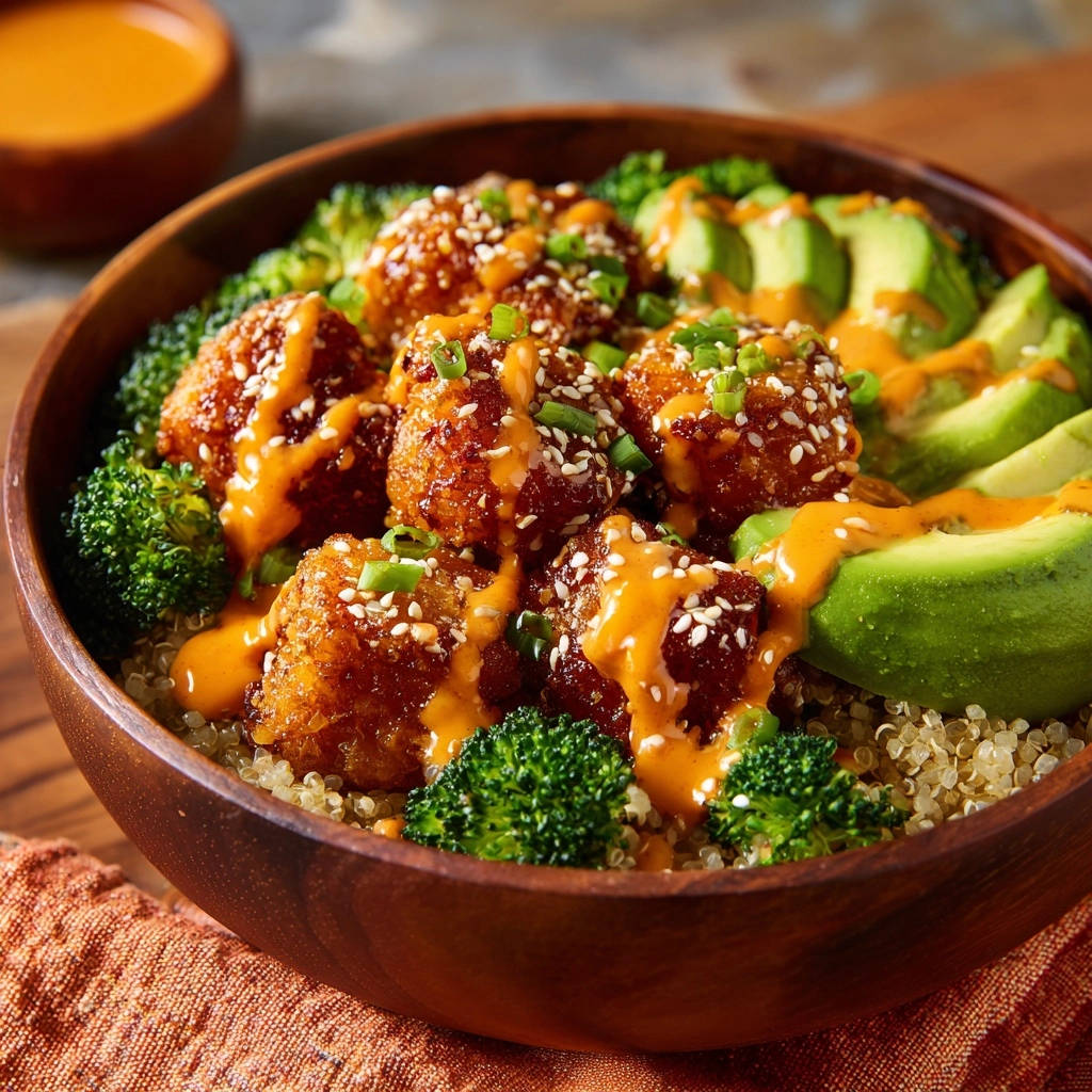 Knusprige Asian Chicken Bowl mit Chili-Limetten-Dressing, garniert mit Sesam und Frühlingszwiebeln, in einer Holzschale serviert.