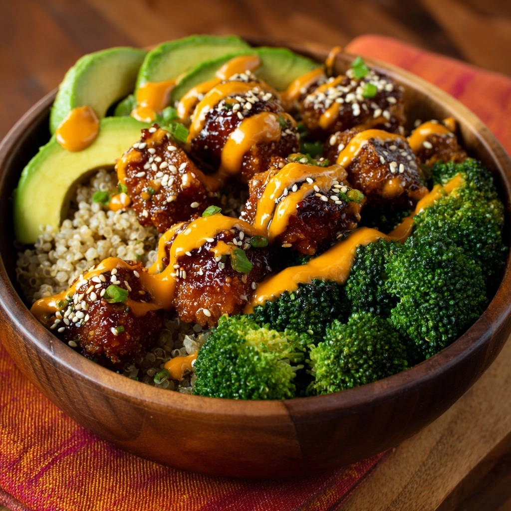 Knusprige Asian Chicken Bowl mit Chili-Limetten-Dressing, serviert mit Avocado und Brokkoli in einer Holzschüssel.