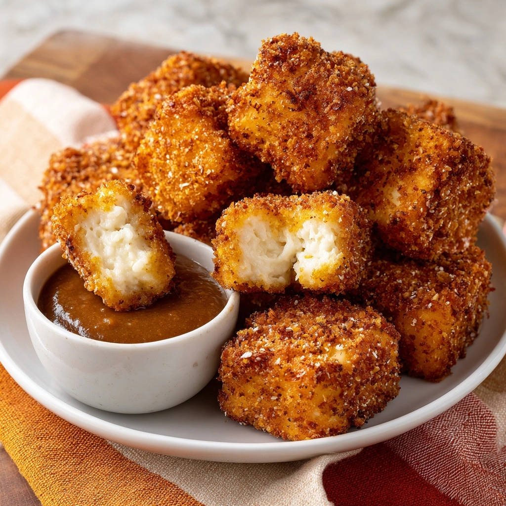 Knusprige Fisch-Nuggets mit würzigem Dipp, ein Nugget davon angeschnitten, zeigt die weiche Innenseite.