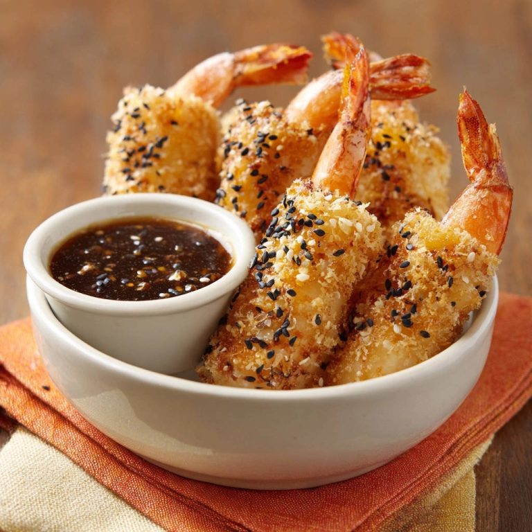 Knusprige Garnelen mit Sesam-Dip in einer Schüssel, nahaufnahme der panierten Garnelen und des Dips.