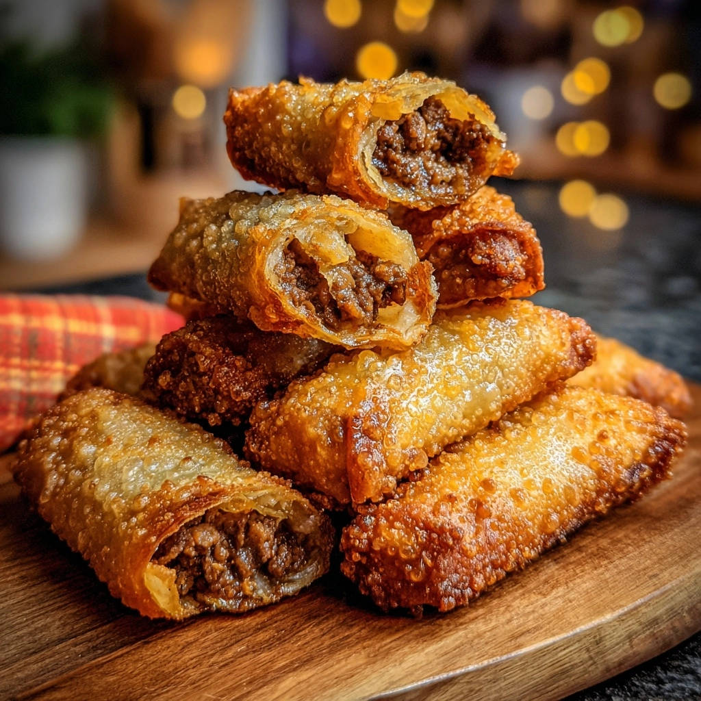 Knusprige Hackfleischröllchen angeschnitten, die innen mit würzigem Hackfleisch gefüllt sind und auf einem Holzbrett liegen.