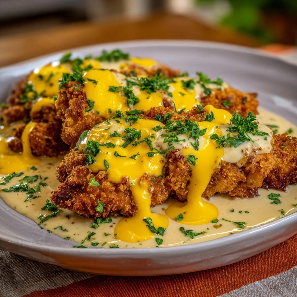 Knusprige Hähnchenbrust mit cremiger Käse-Kräutersoße, detailliert mit geschmolzener Soße und frischer Petersilie garniert.