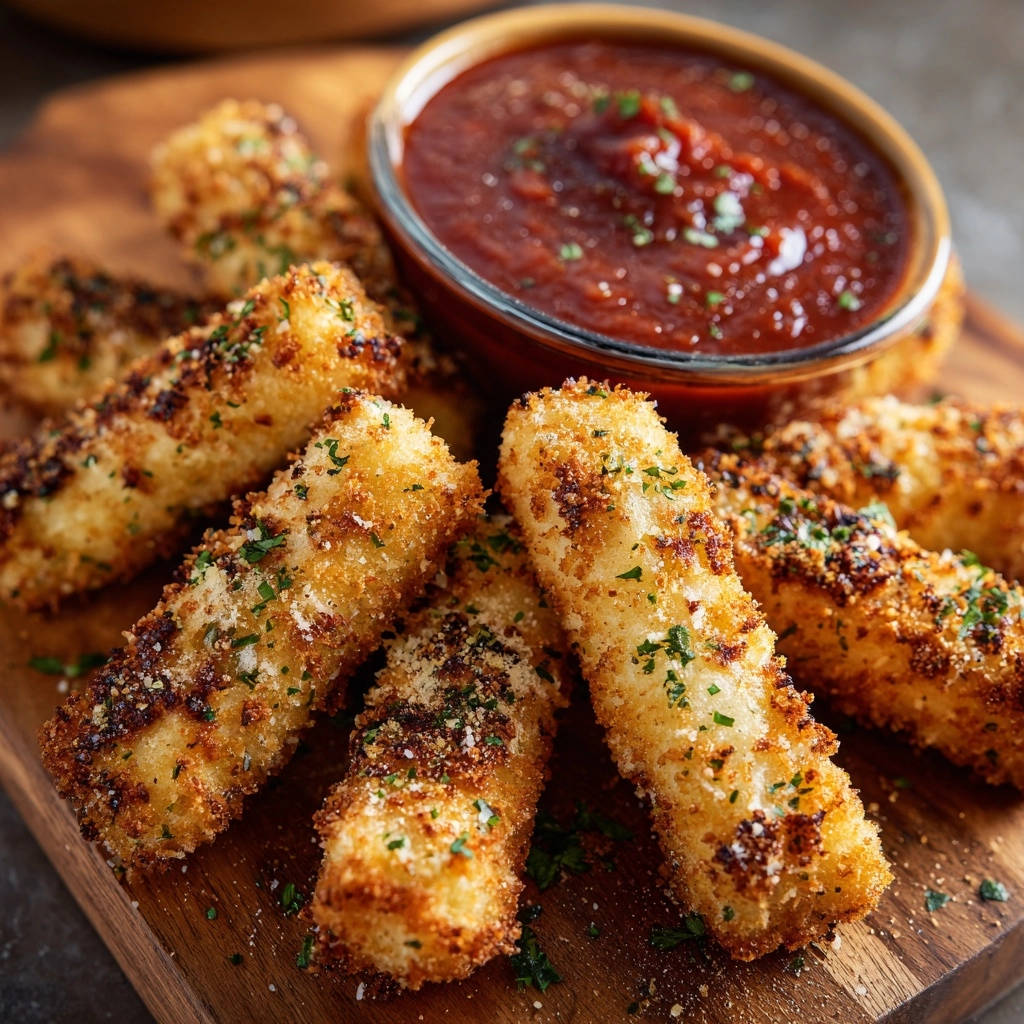 Knusprige Mozzarella Sticks mit Dip, nahaufnahme der goldbraunen Panade und frischer Petersilie auf einem Holzbrett.