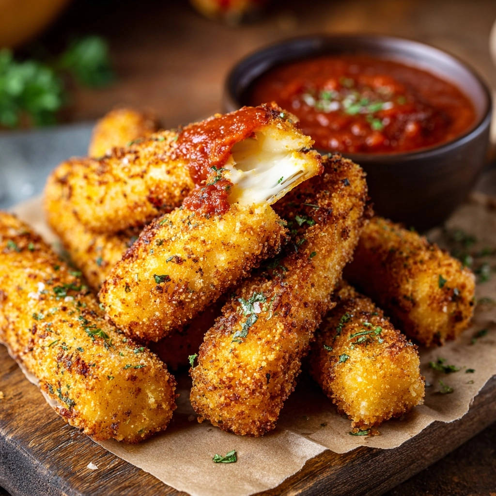 Knusprige Mozzarella Sticks mit geschmolzenem Käse im Inneren, serviert mit Tomatensauce und garniert