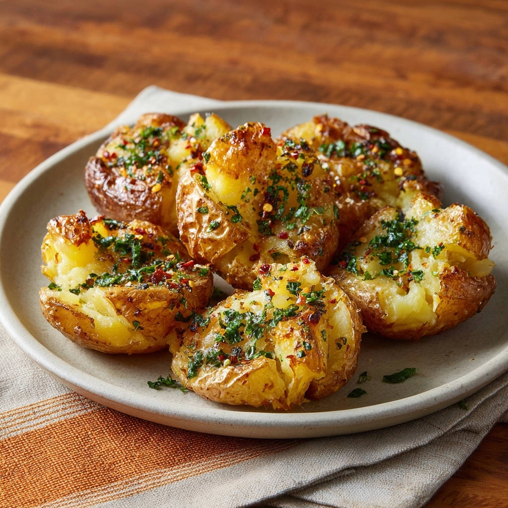 Knusprige Smashed Potatoes mit Kräuter-Chili-Öl, garniert mit frischen Kräutern und Chiliflocken auf einem Teller.