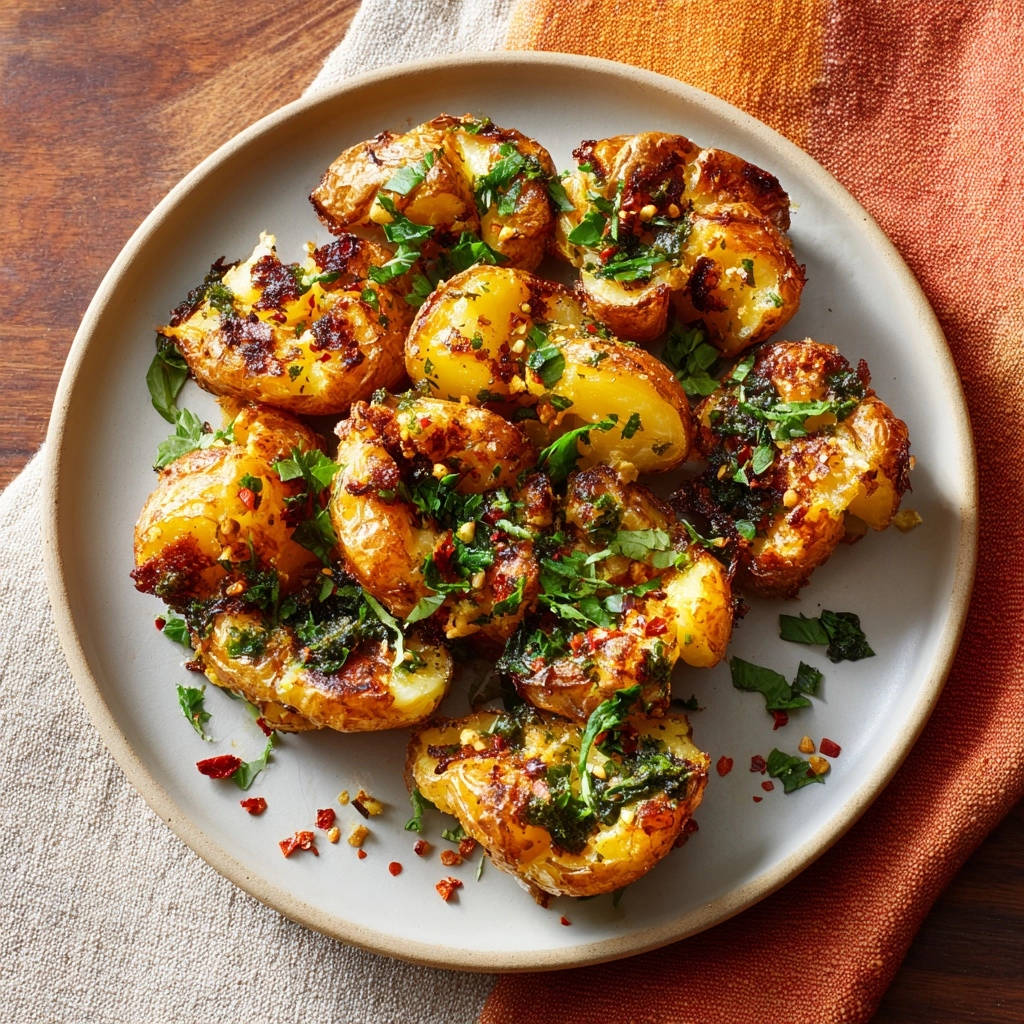 Knusprige Smashed Potatoes mit Kräuter-Chili-Öl, serviert auf einem Teller aus der Vogelperspektive.
