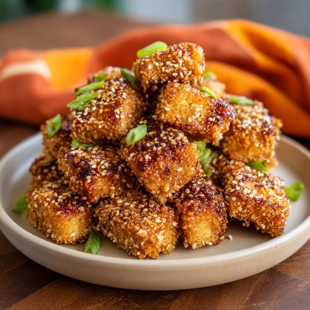 Knusprige Tofu-Sesam-Würfel mit Frühlingszwiebeln garniert, Nahaufnahme der Textur und Glasur.
