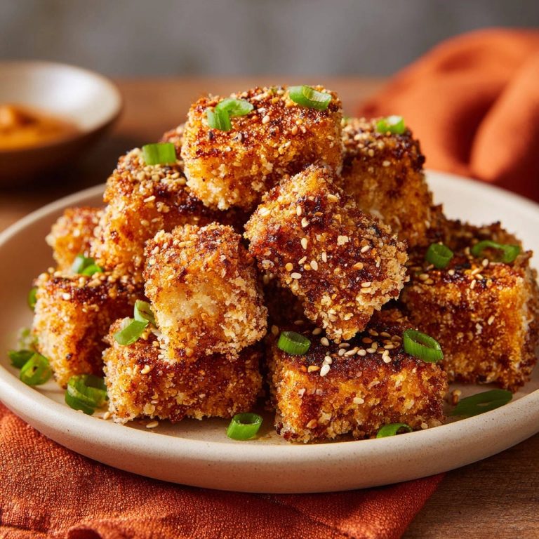 Knusprige Tofu-Sesam-Würfel als Nahaufnahme mit Frühlingszwiebeln und Sesam garniert.