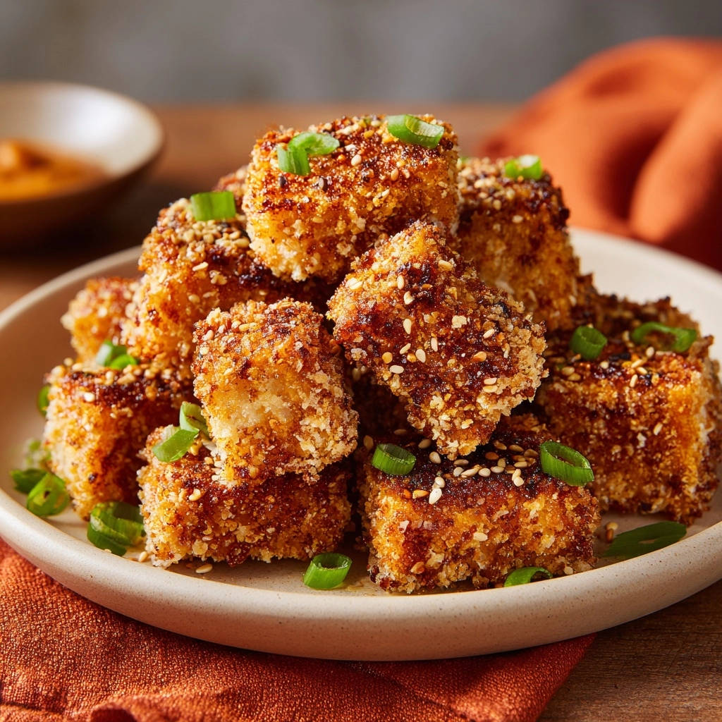 Knusprige Tofu-Sesam-Würfel als Nahaufnahme mit Frühlingszwiebeln und Sesam garniert.