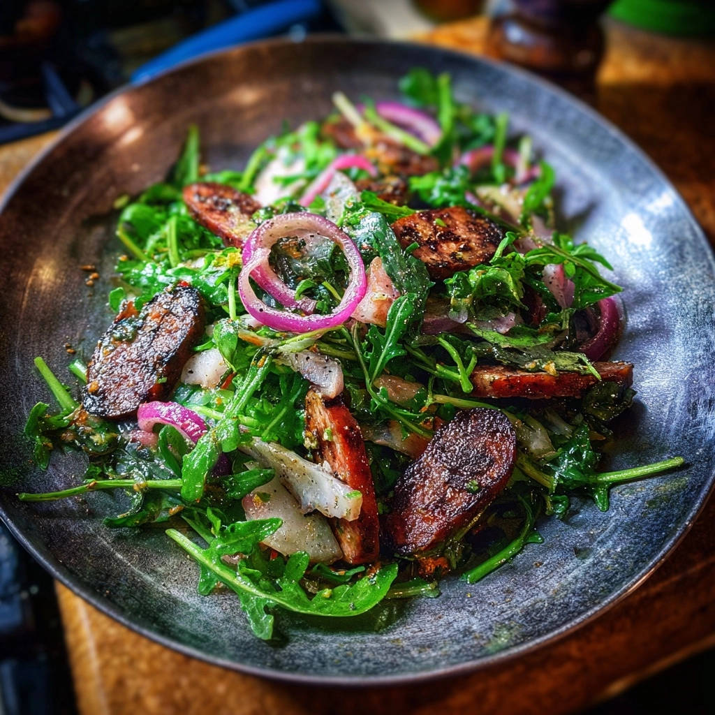 Knuspriger Fischsalat mit pikanten Würzscheiben und Rucola, nahaufnahme der Textur und Zutaten auf einem Teller.