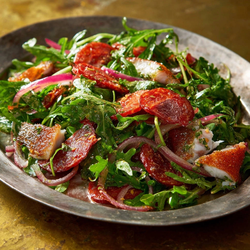 Knuspriger Fischsalat mit pikanten Würzscheiben und Rucola, nahaufnahme der Textur der Zutaten auf einer Servierplatte.