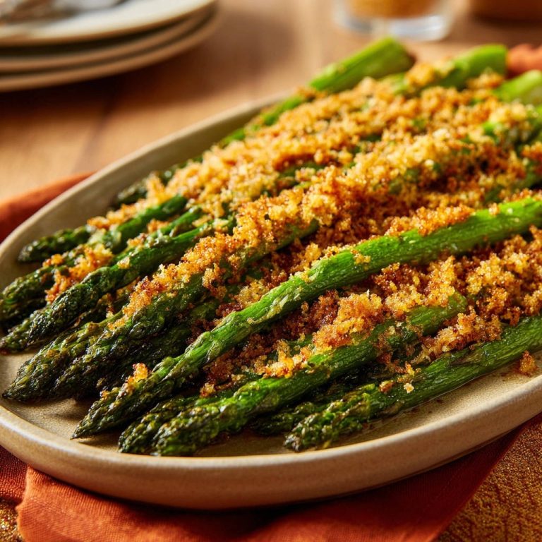 Knuspriger Ofenspargel mit Goldbraunem Topping, Nahaufnahme der knusprigen Kruste auf den grünen Spargelstangen.