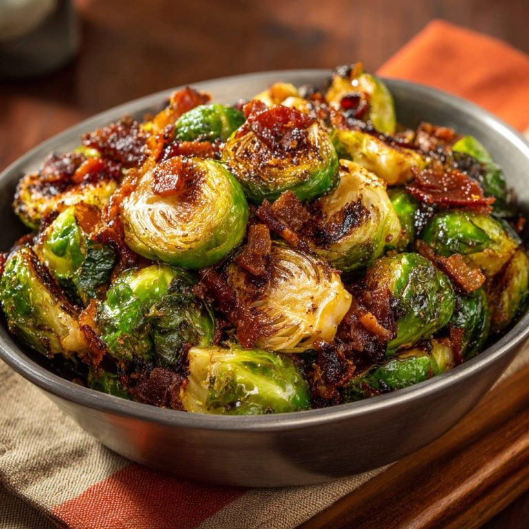 Knuspriger Rosenkohl mit Speck als Nahaufnahme, mit gebratenen Speckstückchen und karamellisierten Röschen.