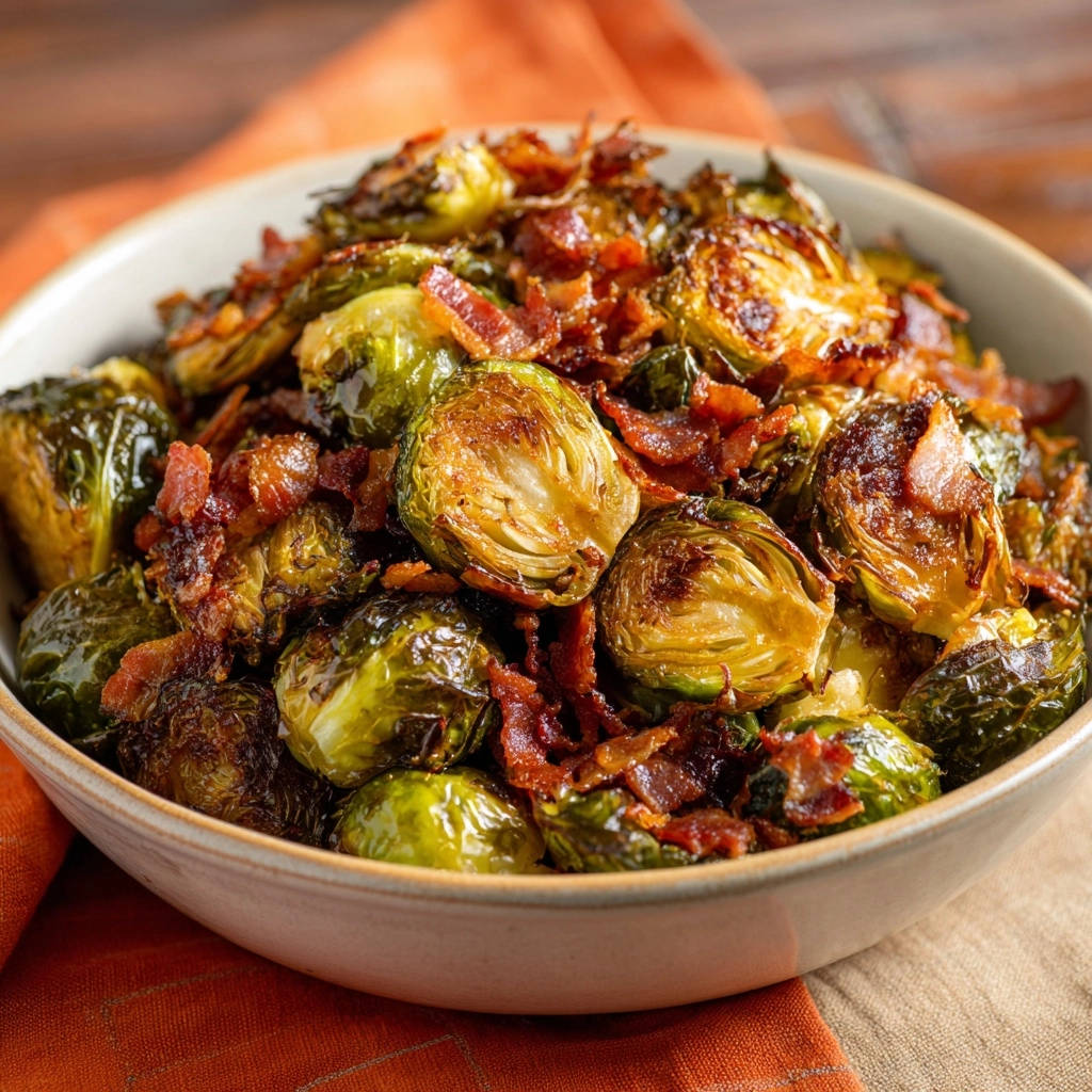 Knuspriger Rosenkohl mit Speck als Nahaufnahme, mit vielen gebratenen Röschen und Speckstücken in einer Schüssel.