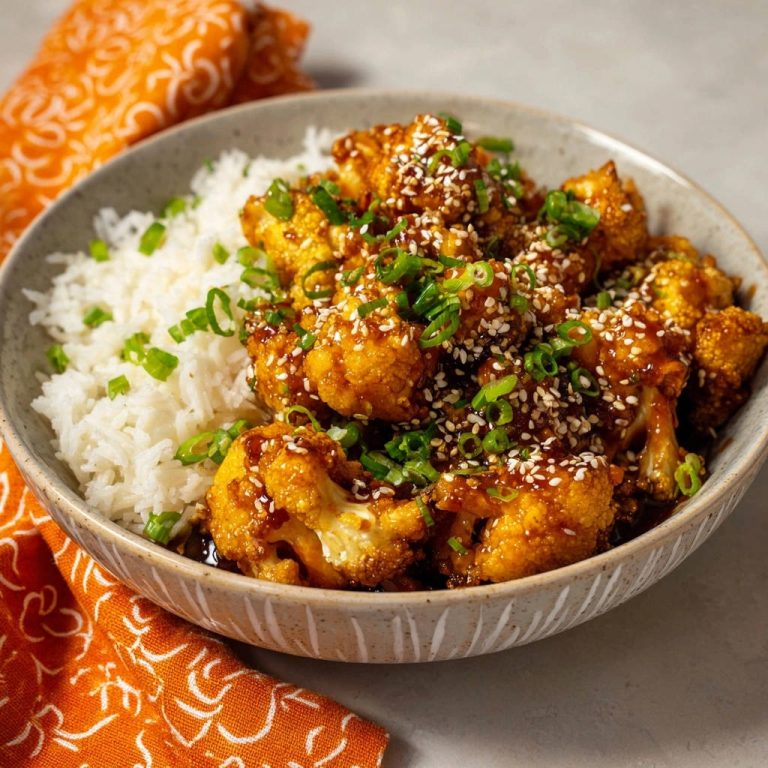 Knuspriger Teriyaki-Blumenkohl mit Reis, garniert mit Frühlingszwiebeln und Sesam, in einer Schüssel serviert.