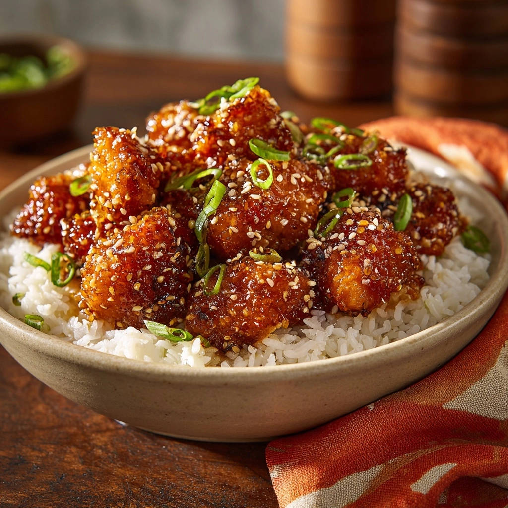 Knuspriges Asia-Hähnchen mit Reis, garniert mit Frühlingszwiebeln und Sesam, in einer Schüssel serviert