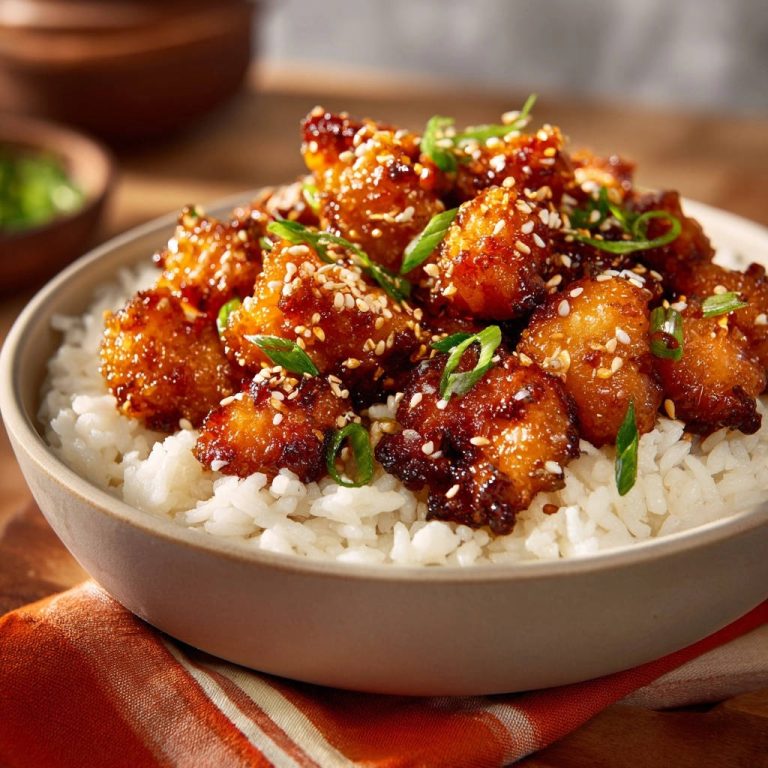 Knuspriges Asia-Hähnchen mit Reis, garniert mit Sesam und Frühlingszwiebeln in einer Schüssel.