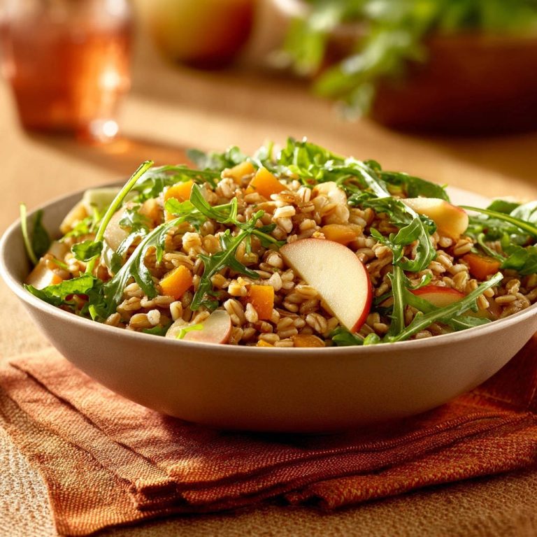 Herzhafter Körnersalat mit Apfel und Rucola in einer Schüssel, Nahaufnahme mit sichtbaren Getreidekörnern, Apfelstücken und Rucola.