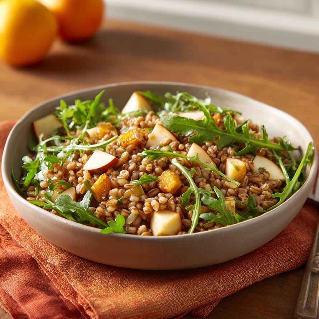 Herzhafter Körnersalat mit Apfel und Rucola, Nahaufnahme der einzelnen Körner, Apfelwürfel und Rucolablätter im Körnersalat.
