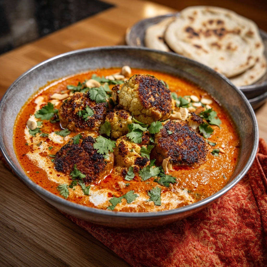Kofta-Blumenkohl-Curry mit saftigen Koftas, garniert mit Koriander, Erdnüssen und cremiger Sauce.