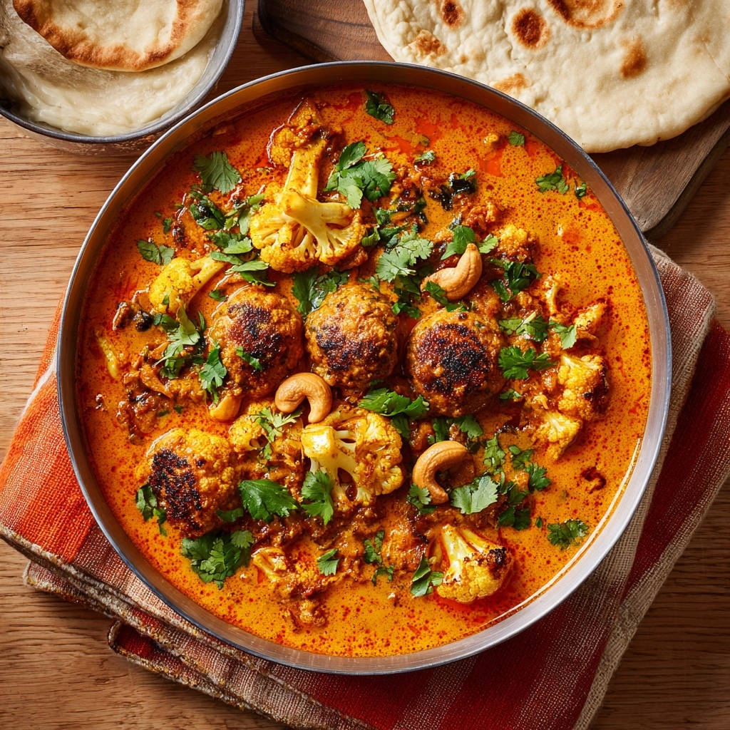Kofta-Blumenkohl-Curry mit saftigen Koftas und Blumenkohlröschen, von oben in einer Schüssel serviert mit Naan-Brot.