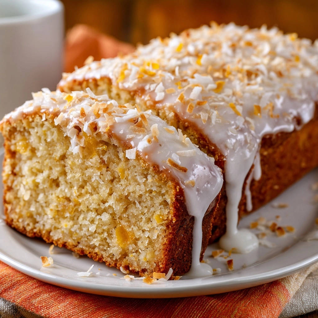 Saftiger Kokos-Zitrus-Kuchen angeschnitten mit einem Nahaufnahme-Detail der saftigen Textur und Kokosraspeln.