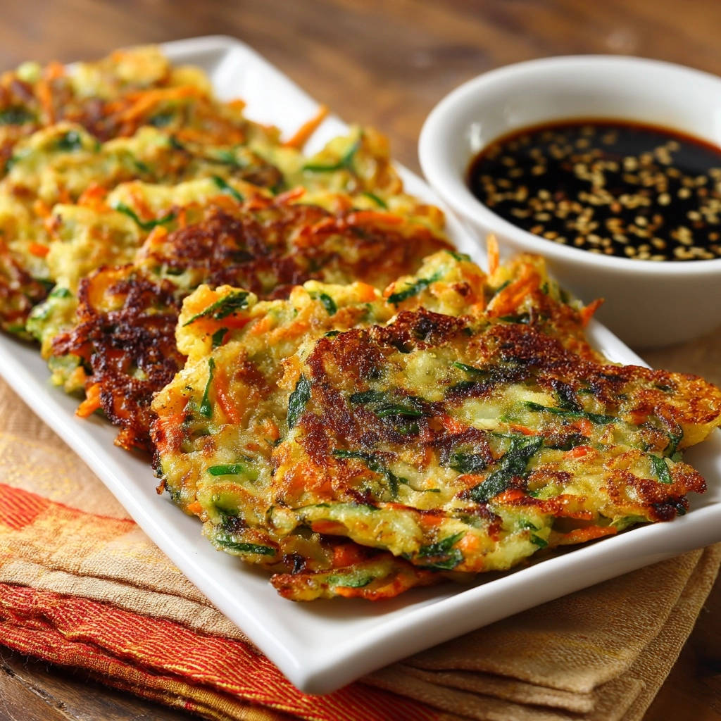 Koreanische Gemüsepuffer, knusprig gebraten und mit einem Dip serviert, auf einem weißen Teller angerichtet.