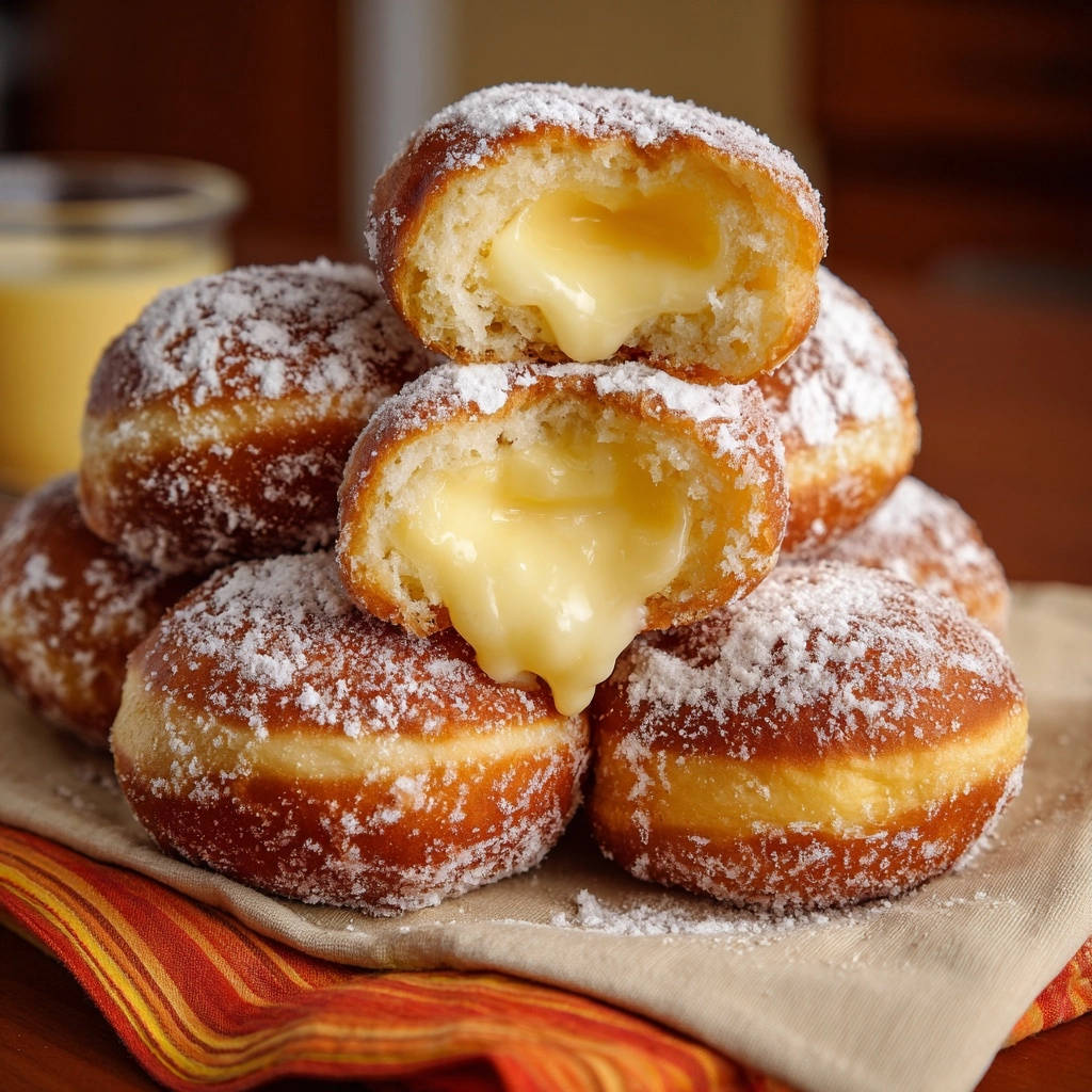 Krapfen mit Vanillecremefüllung angeschnitten zeigen die cremige Füllung im Querschnitt, bestäubt mit Puderzucker.
