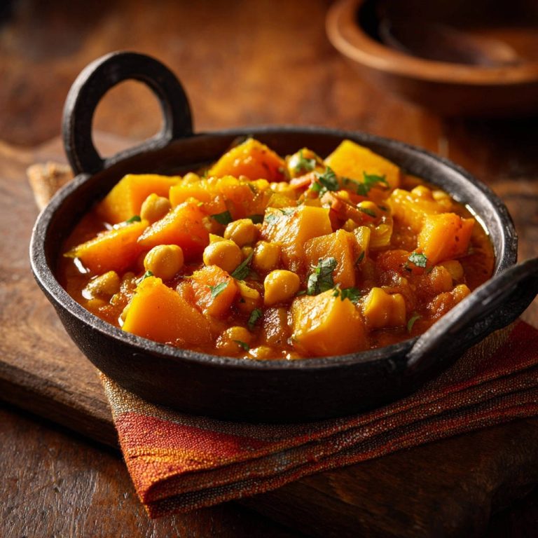 Herzhaftes Kürbis-Kichererbsen-Curry in einer Gusseisen-Schüssel, Nahaufnahme mit detaillierter Textur und Garnitur.
