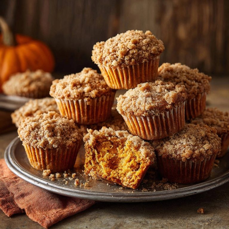 Herbstliche Kürbismuffins mit Streuseln, angeschnitten mit Blick auf das saftige Innere und die krümelige Streuselhaube.