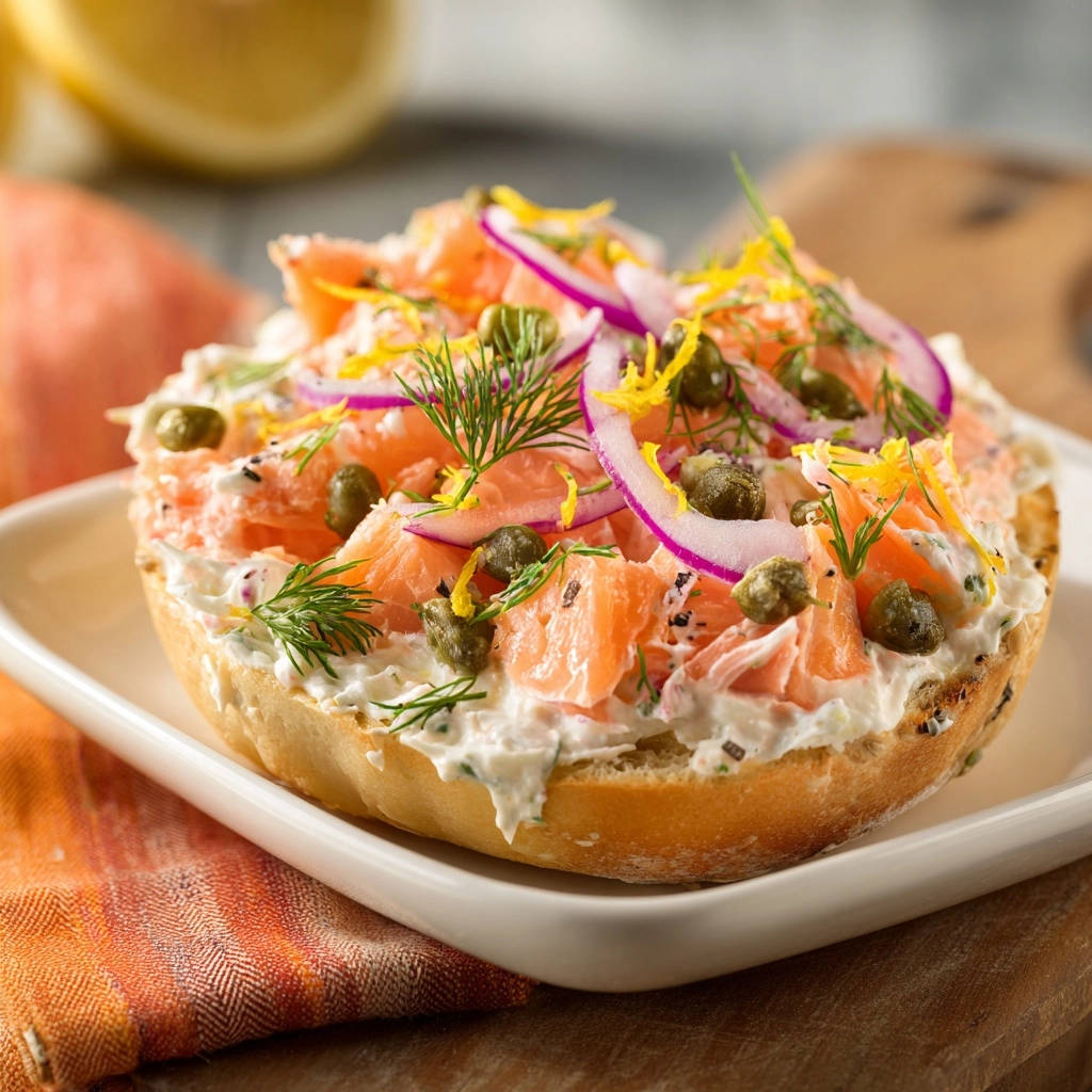 Lachs-Bagels Deluxe nahaufnahme, garniert mit roten Zwiebeln, Kapern und Dill auf einem Bagel mit Frischkäse.