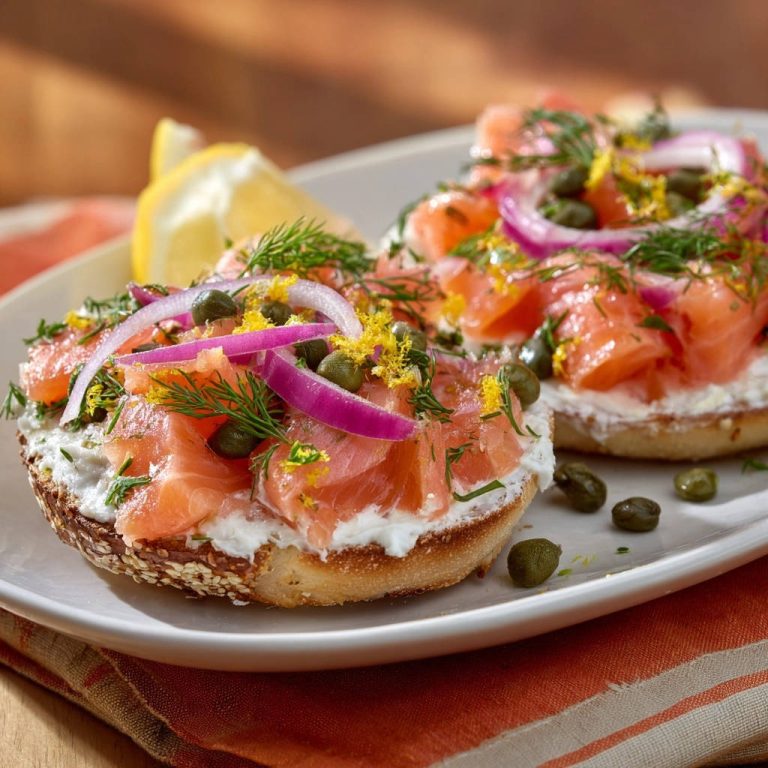 Lachs-Bagels Deluxe mit Frischkäse, roten Zwiebeln, Kapern und Dill, auf einem Teller mit Zitrone serviert.
