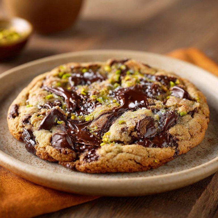 Luxus Schoko-Pistazien Cookies, eine einzelne, frisch gebackene Köstlichkeit mit geschmolzener Schokolade und Pistazien, nah aufgenommen.