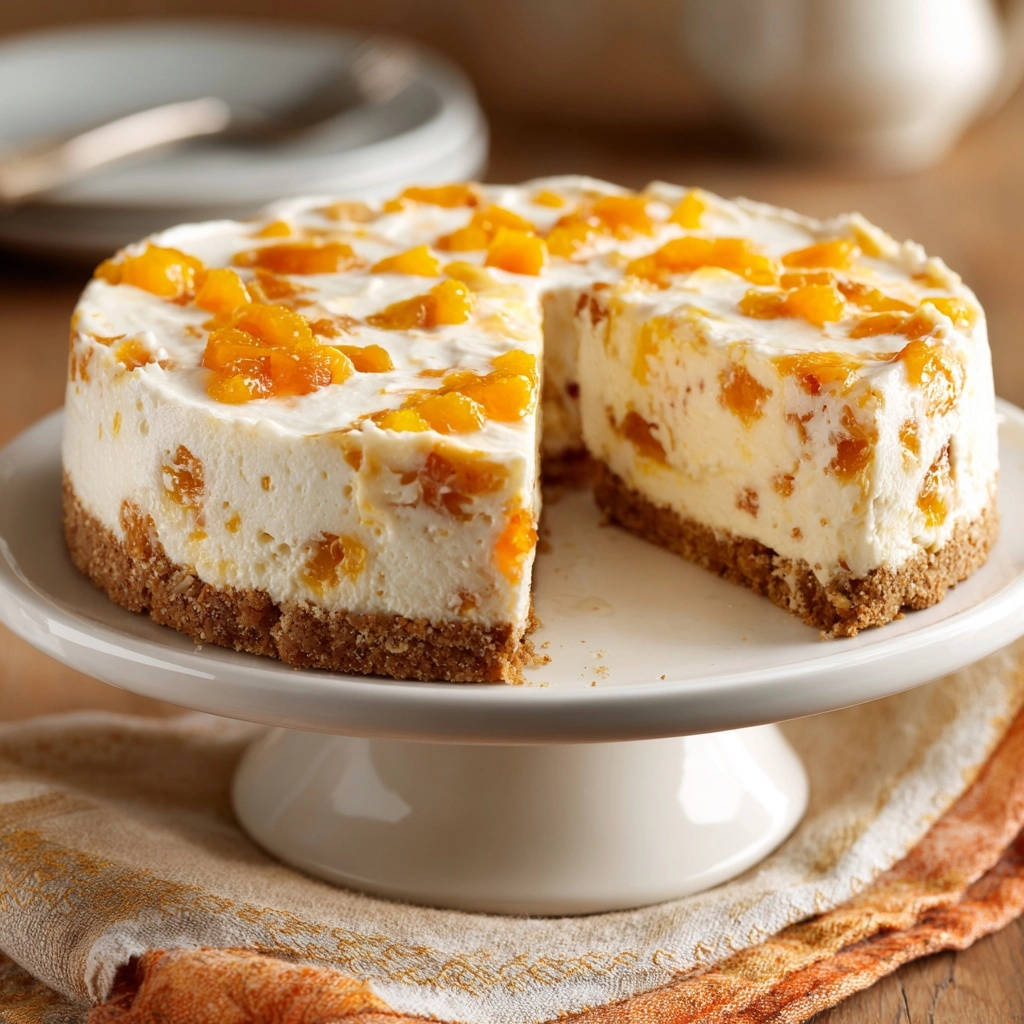 Mandarinen-Frischkäse-Torte ohne Backen angeschnitten auf einem Tortenständer, mit saftigen Mandarinenstücken garniert