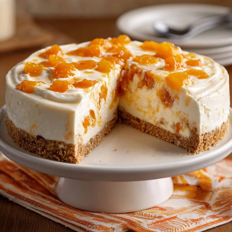 Mandarinen-Frischkäse-Torte ohne Backen angeschnitten auf einem Tortenständer, zeigt die cremige Füllung und den Keksboden.