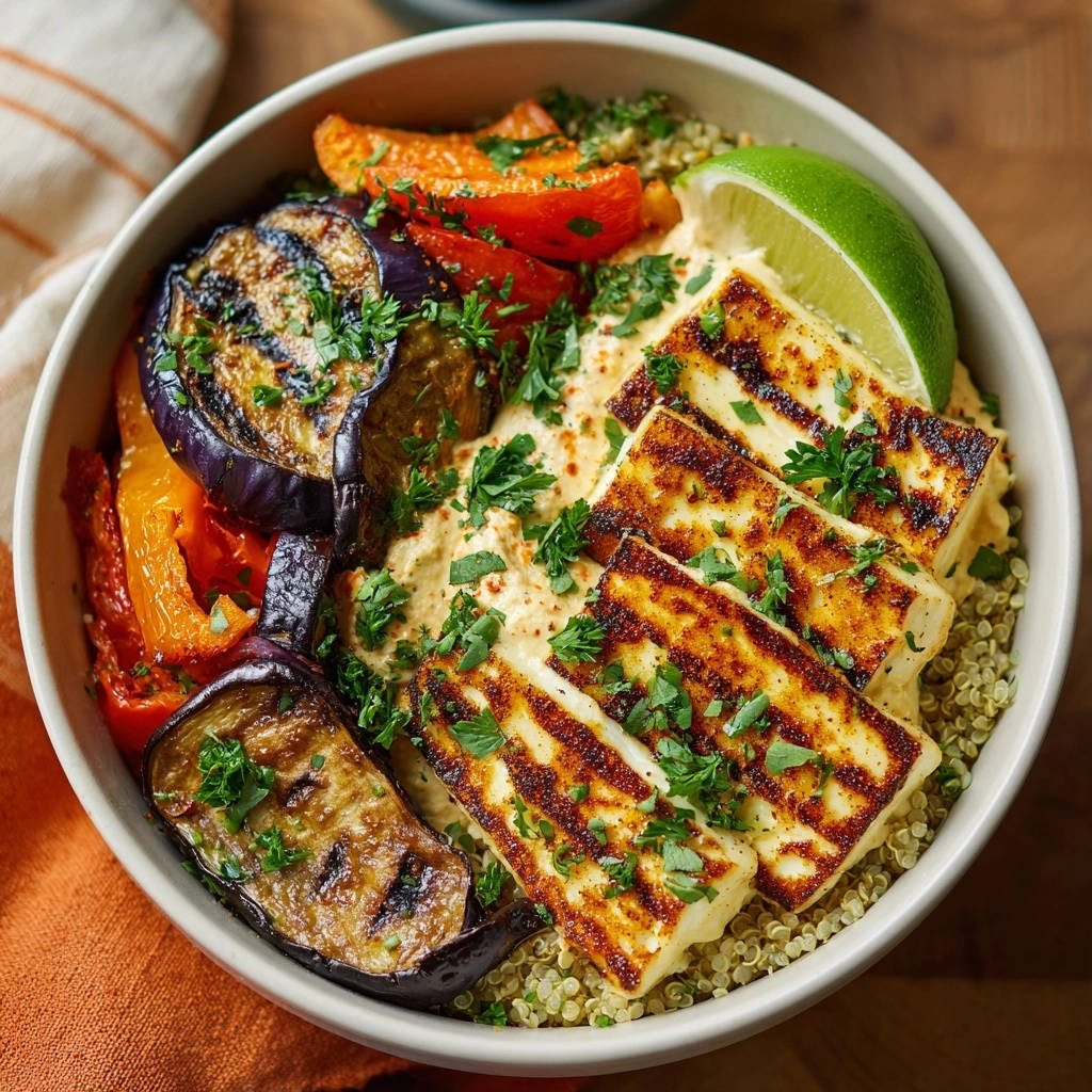 Mediterrane Halloumi-Bowl mit gegrilltem Gemüse, Hummus und perfekt gebratenem Halloumi-Käse, garniert mit Petersilie.