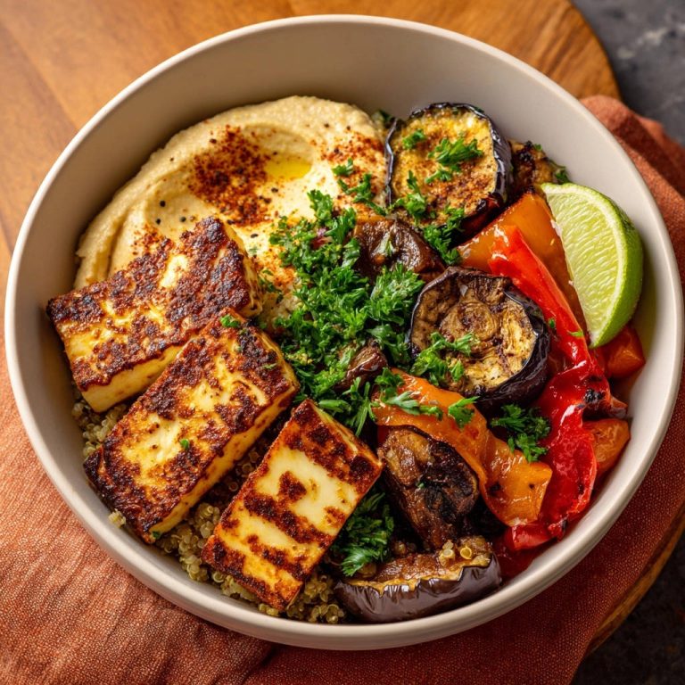 Mediterrane Halloumi-Bowl mit gegrilltem Gemüse, Hummus und frischer Petersilie, detailreich garniert.