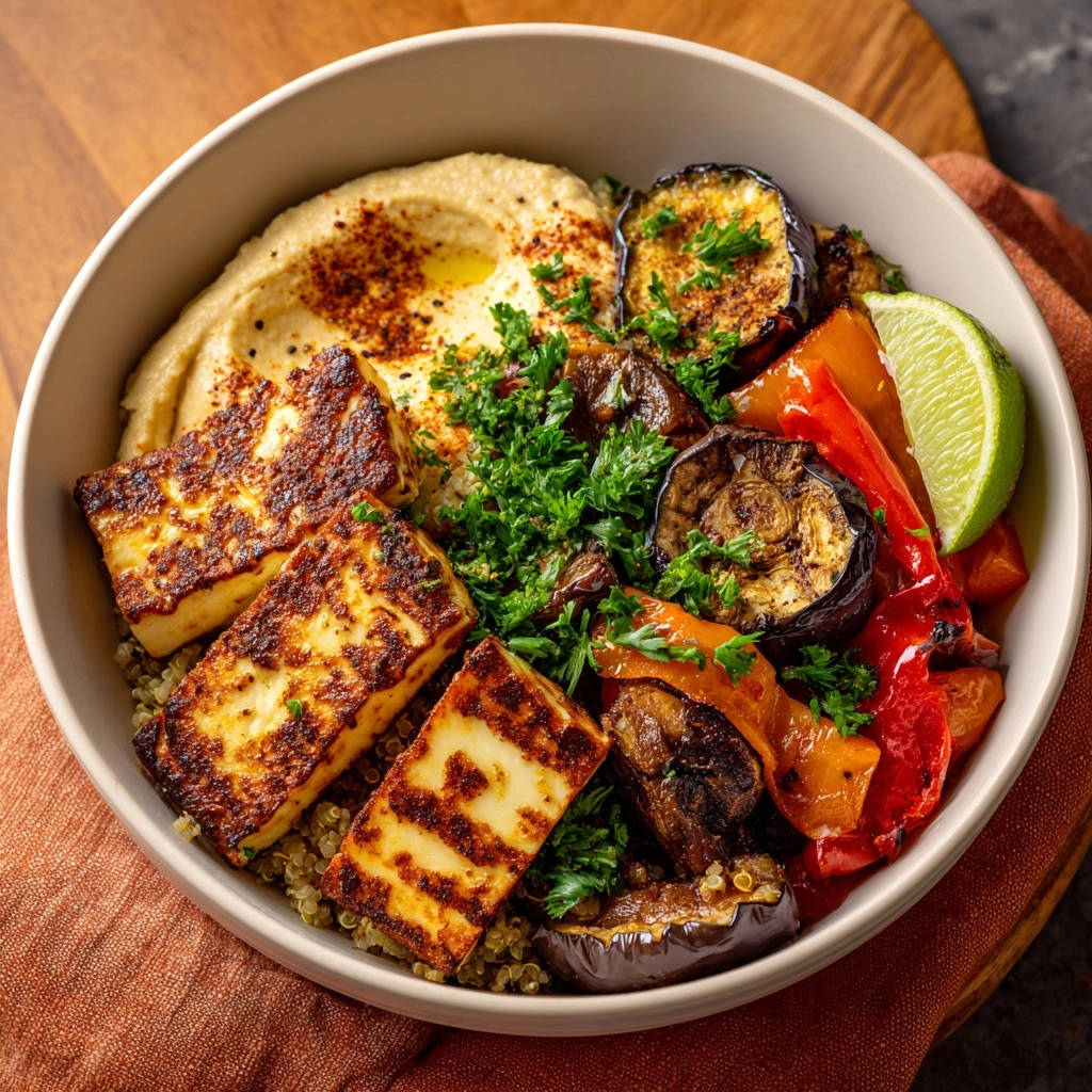 Mediterrane Halloumi-Bowl mit gegrilltem Gemüse, Hummus und frischer Petersilie, detailreich garniert.