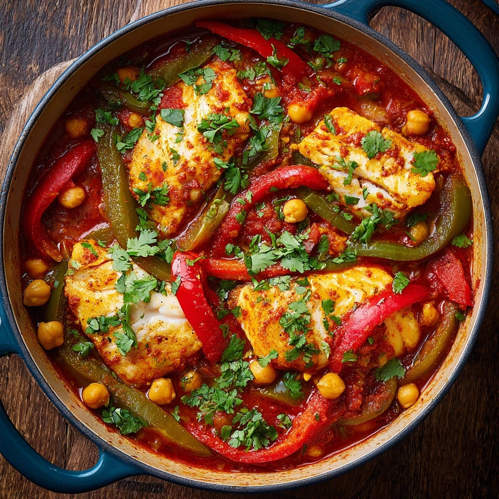 Mediterraner Fischtopf mit Kichererbsen und Paprika in einer blauen Pfanne von oben mit frischer Petersilie garniert