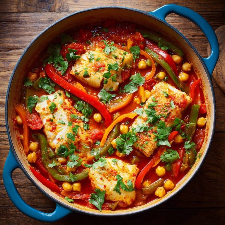 Mediterraner Fischtopf mit Kichererbsen und Paprika, serviert in einem blauen Topf, von oben betrachtet.