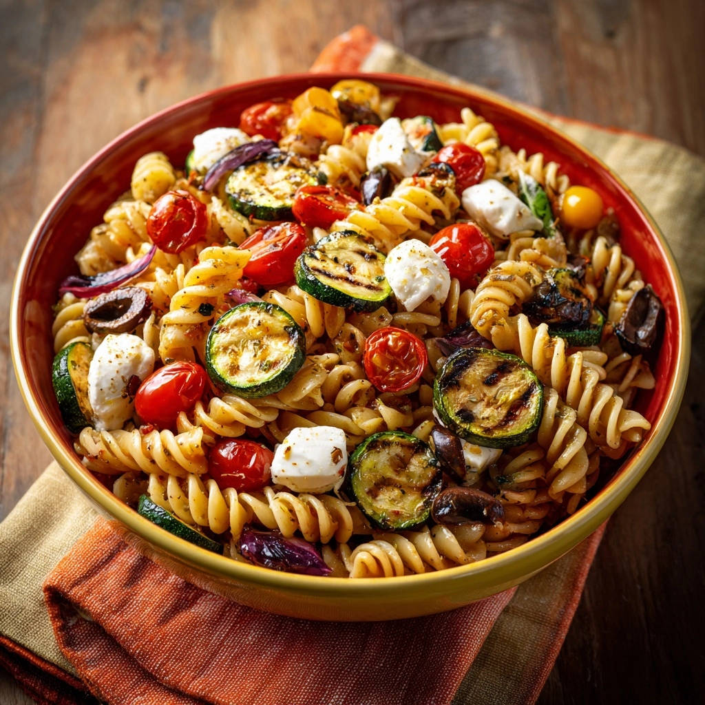 Mediterraner Grillgemüse-Nudelsalat mit gegrilltem Gemüse und Mozzarella in einer Schüssel, Nahaufnahme der Zutaten.