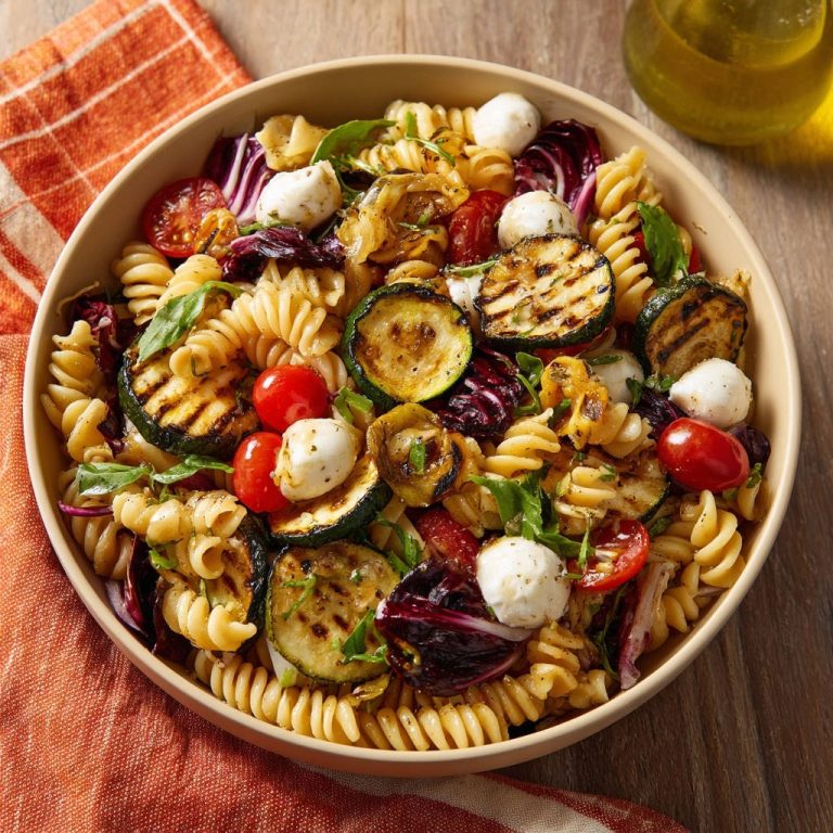 Mediterraner Grillgemüse-Nudelsalat in einer Schüssel mit gegrilltem Gemüse, Mozzarella und Radicchio, Nahaufnahme