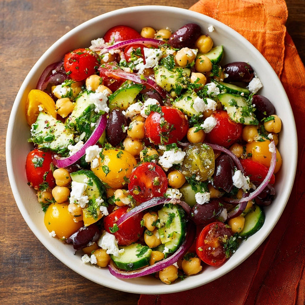 Mediterraner Kichererbsen-Salat in einer Schüssel, nahaufnahme mit Fokus auf den frischen Zutaten und zerbröseltem Feta.