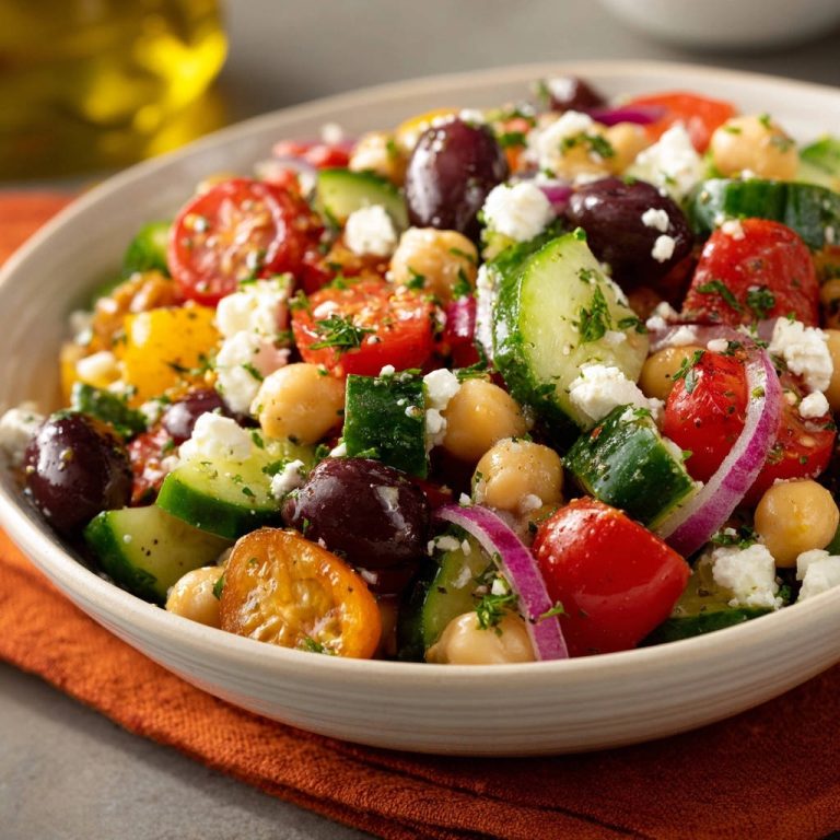 Mediterraner Kichererbsen-Salat in einer Schüssel, Nahaufnahme der frischen Zutaten mit Feta und Petersilie garniert.