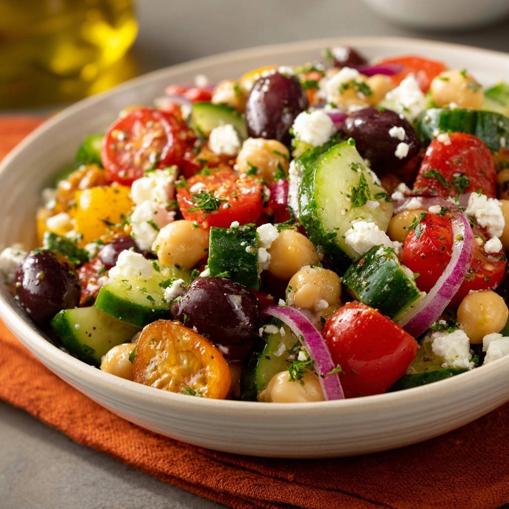 Mediterraner Kichererbsen-Salat in einer Schüssel, Nahaufnahme der frischen Zutaten mit Feta und Petersilie garniert.