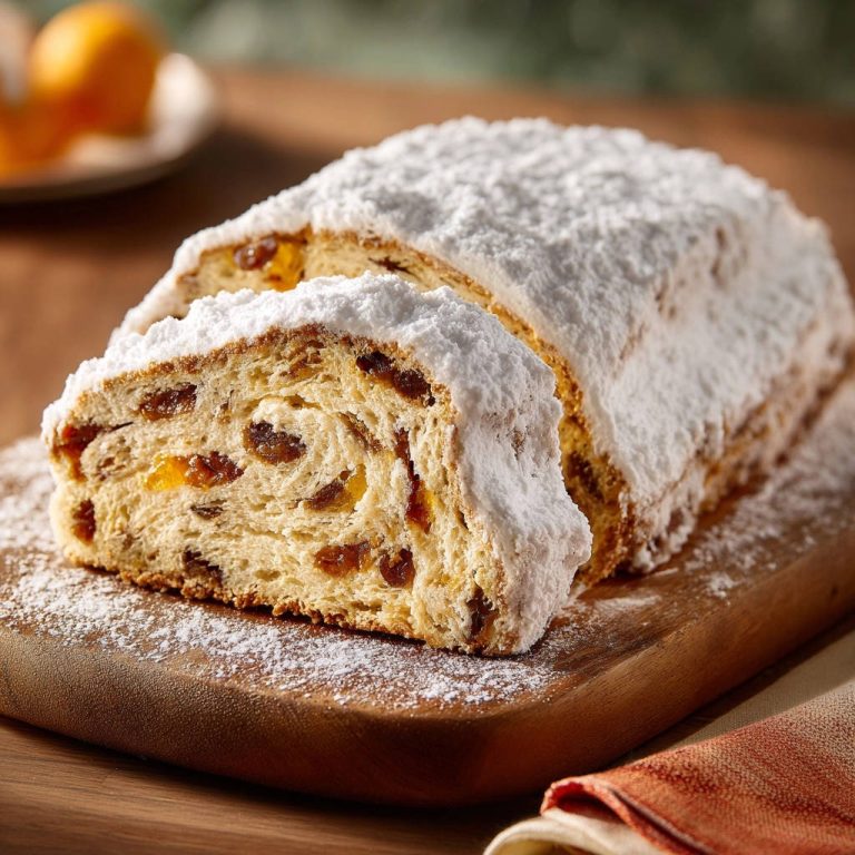 Mein unwiderstehlicher Christstollen angeschnitten, mit saftigem Inneren und Puderzucker bestäubt auf einem Holzbrett